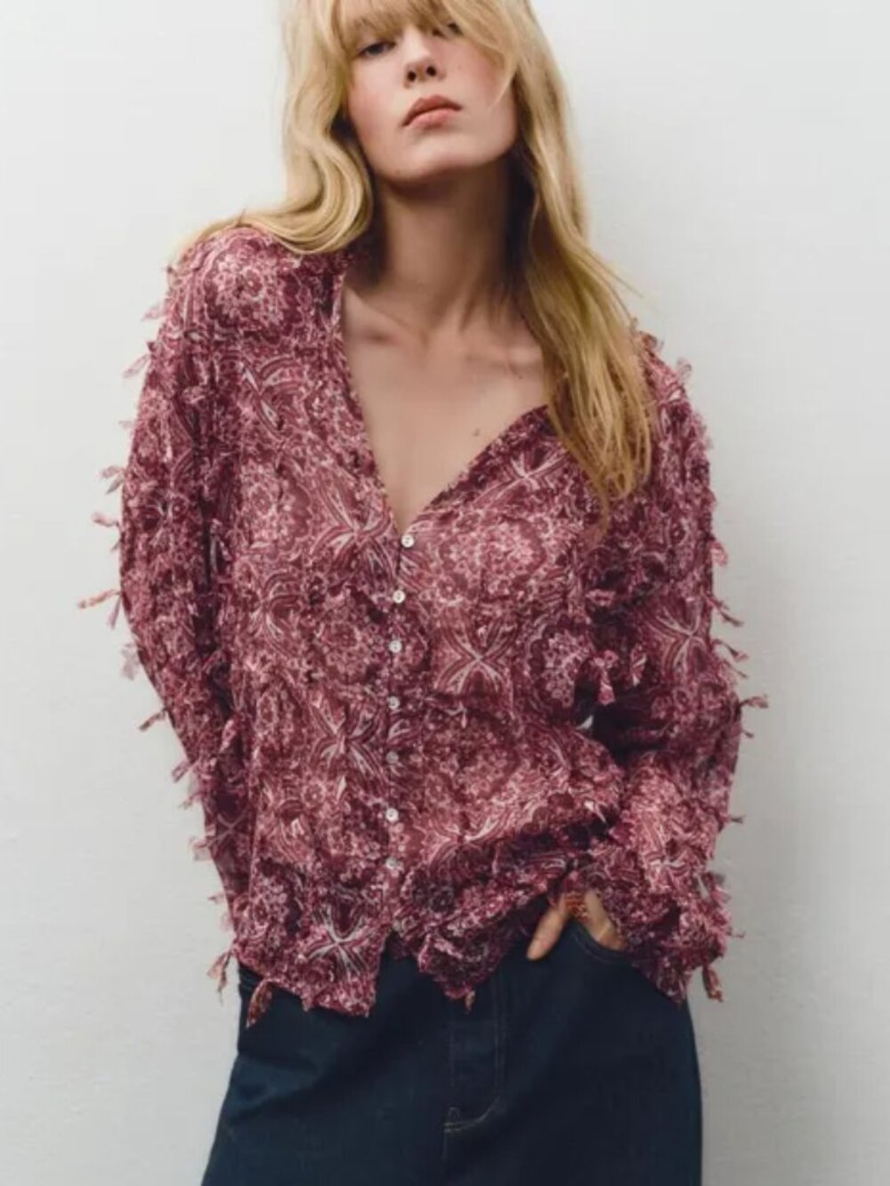 ZARA PRINT FRINGE BLOUSE SIZE M NWT